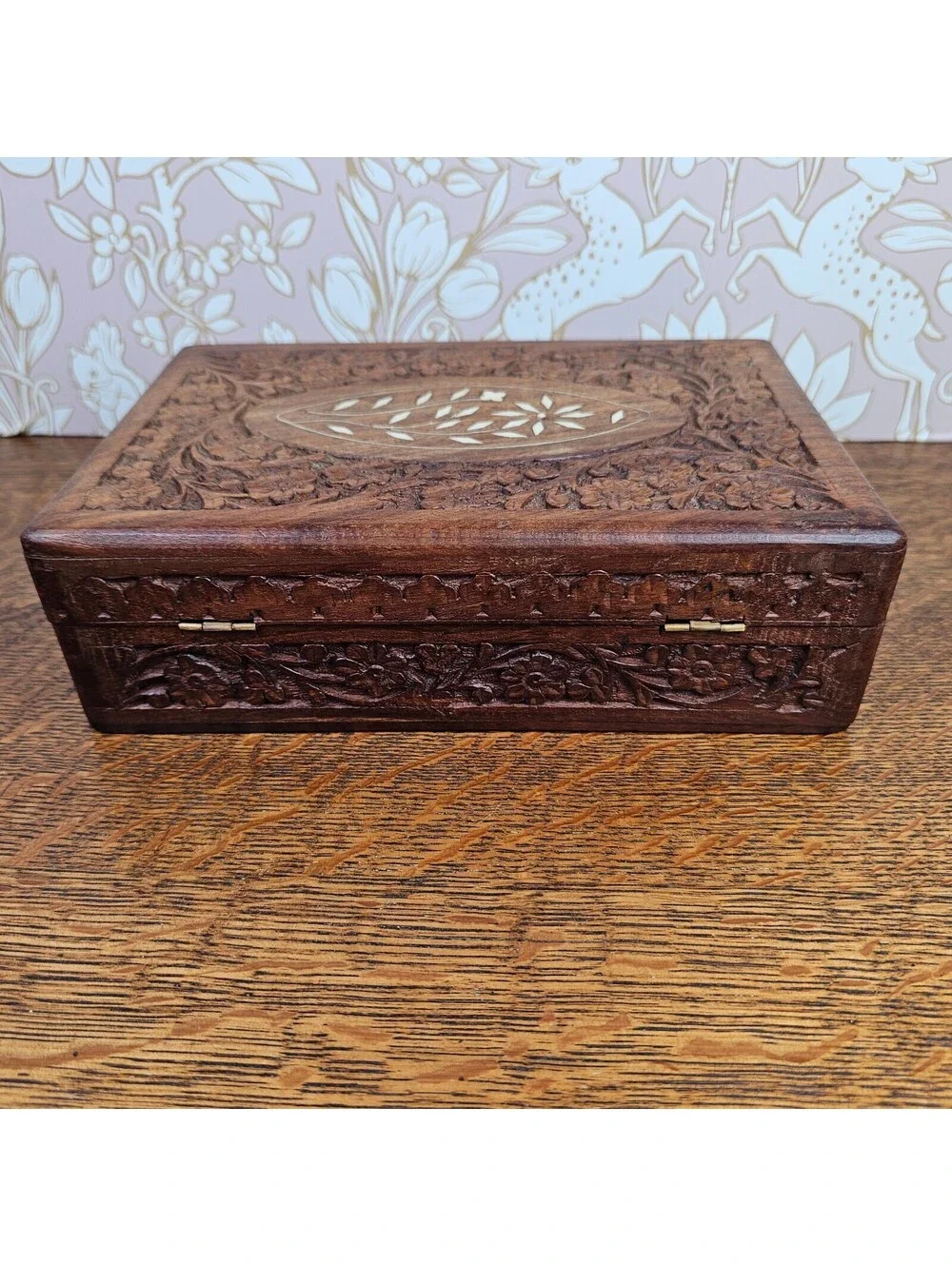 Vintage Nirmal India Hand Carved Wood Jewelry Box Floral Inlay 10